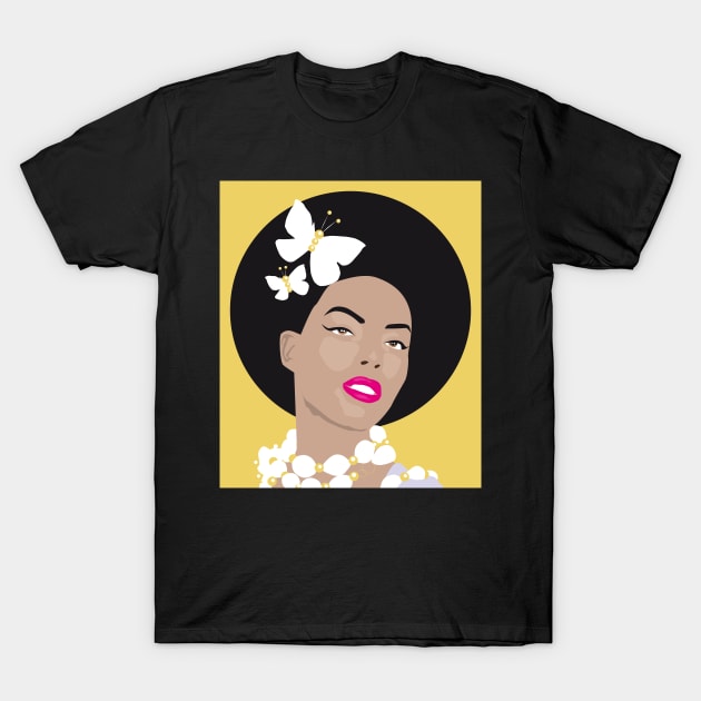 Girl with Butterflies In Her Afro - Yellow T-Shirt by VicEllisArt